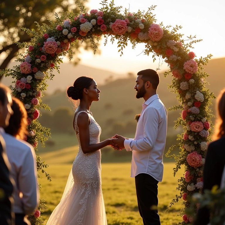 Casal diverso celebrando micro casamento em cenário vibrante e natural.