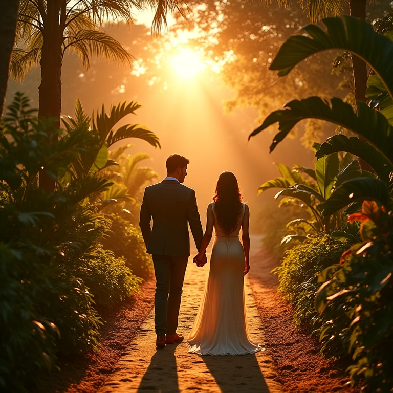 Casal diverso de mãos dadas caminhando para o altar em jardim brasileiro.