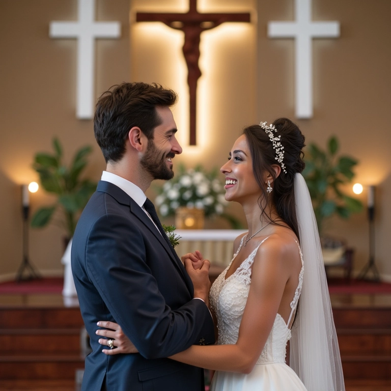 Casal diverso em cerimônia de casamento com símbolos de diferentes religiões ao fundo.