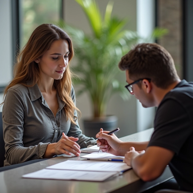 Casal diverso entregando documentos de casamento em cartório.