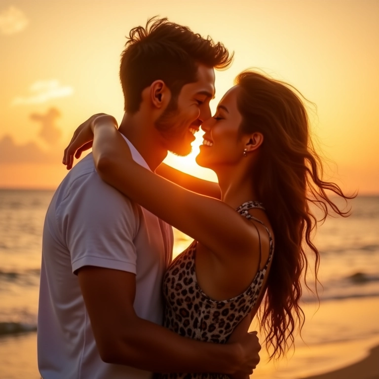 Casal diverso se abraçando na praia ao pôr do sol após um pedido de casamento emocionante.