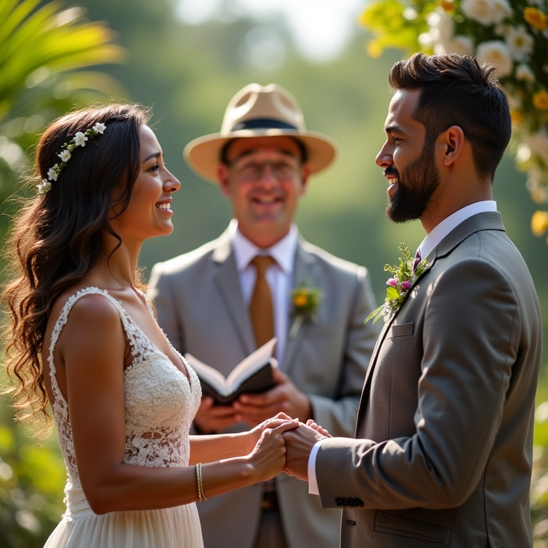 Casal diverso trocando votos em casamento ao ar livre no Brasil, com celebrante sorrindo.