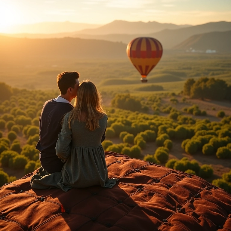 Casal em balão de ar quente no Vale dos Vinhedos, pedido de casamento.