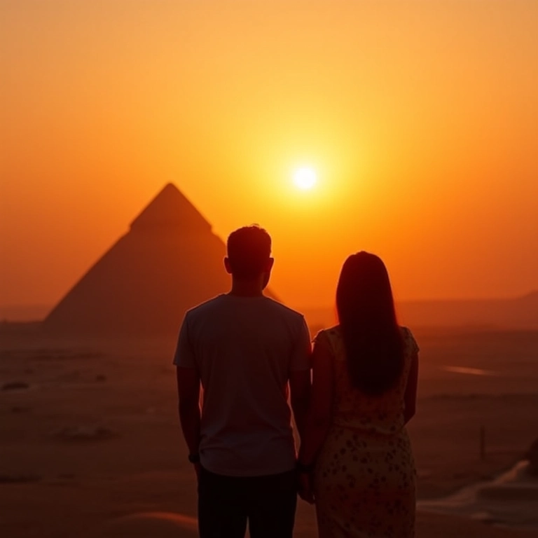 Casal em lua de mel aprecia o pôr do sol nas pirâmides de Gizé, Egito.