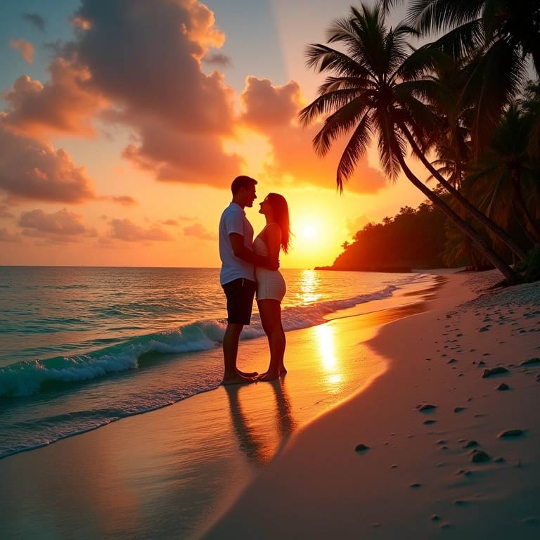 Casal em lua de mel assistindo ao pôr do sol em praia caribenha paradisíaca.
