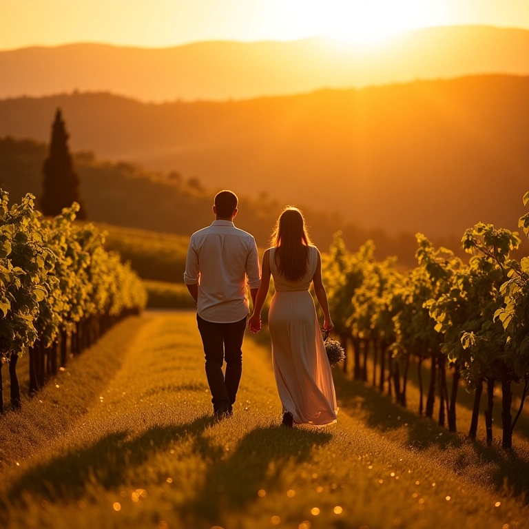Casal em lua de mel caminha por vinhedos ensolarados na Toscana.