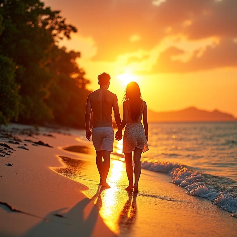 Casal em lua de mel caminhando na praia da Bahia ao pôr do sol.