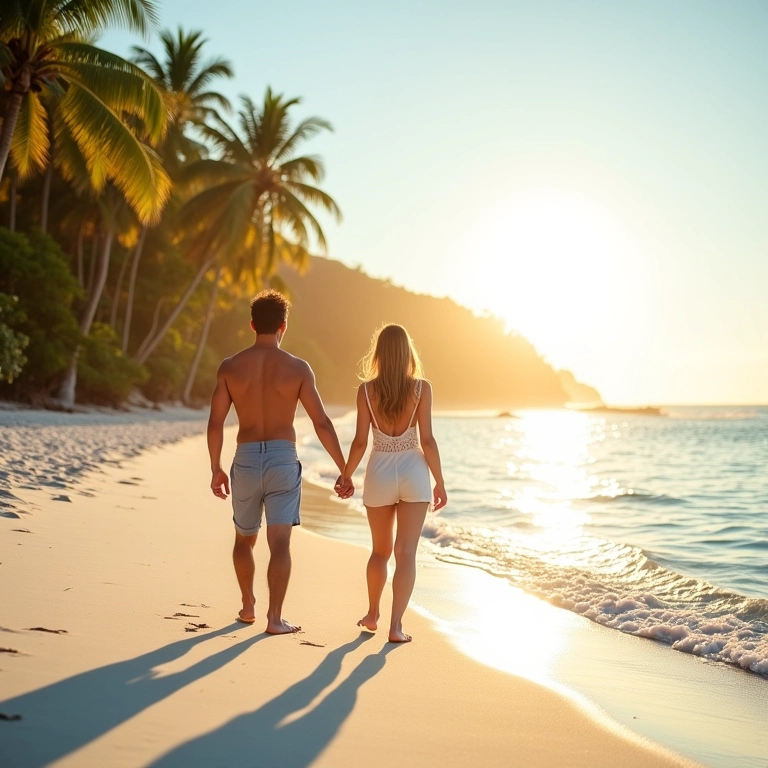 Casal em lua de mel caminhando na praia paradisíaca do Nordeste.