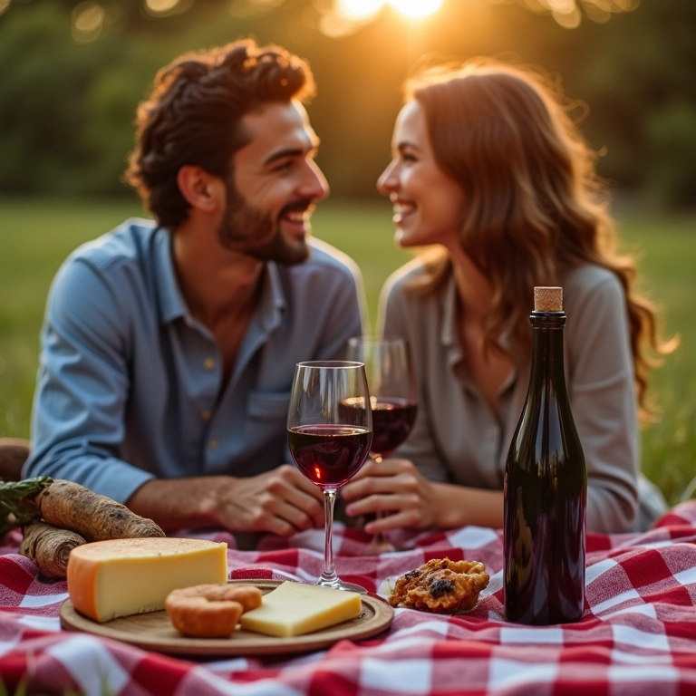 Casal em piquenique romântico ao ar livre na lua de mel.