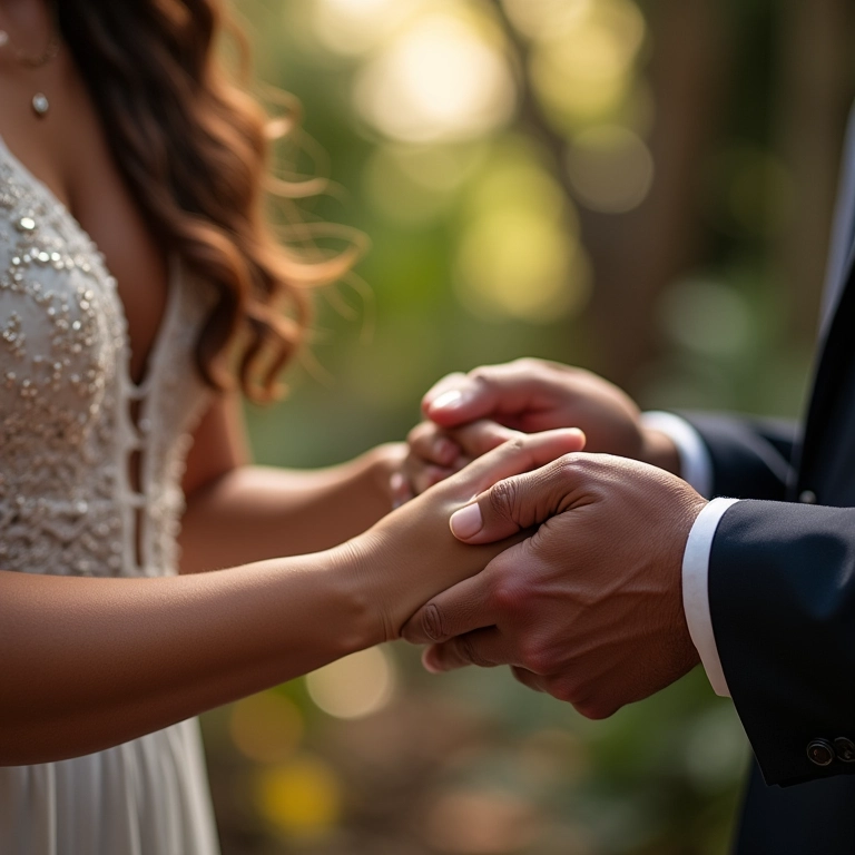 Casal emocionado trocando votos personalizados durante cerimônia de casamento.
