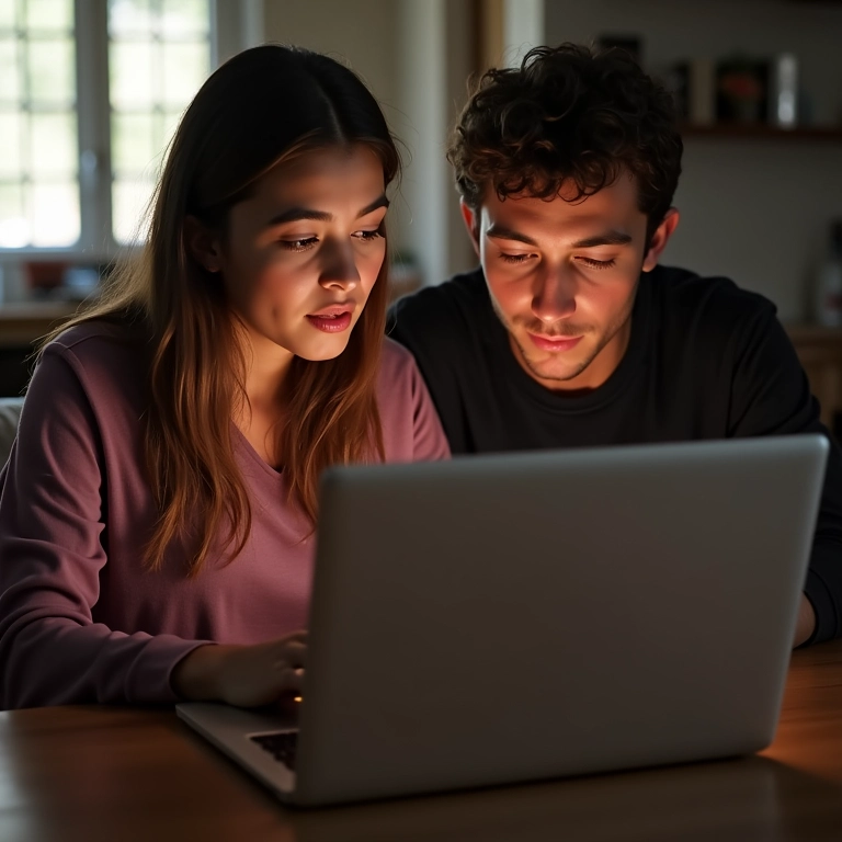 Casal escolhendo músicas para a cerimônia em um laptop.
