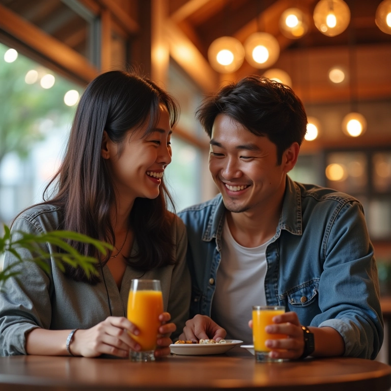Casal escolhendo pacote de lua de mel em agência de viagens.