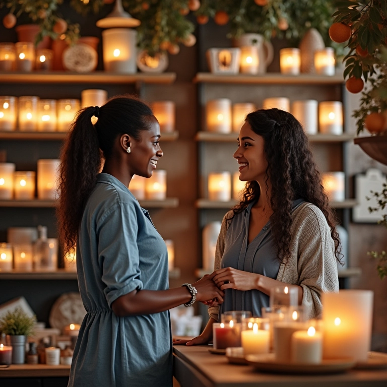 Casal escolhendo velas em uma loja charmosa, com decoração tipicamente brasileira.