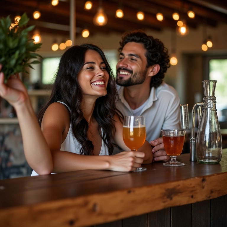 Casal feliz aproveitando bar de madeira em casamento.