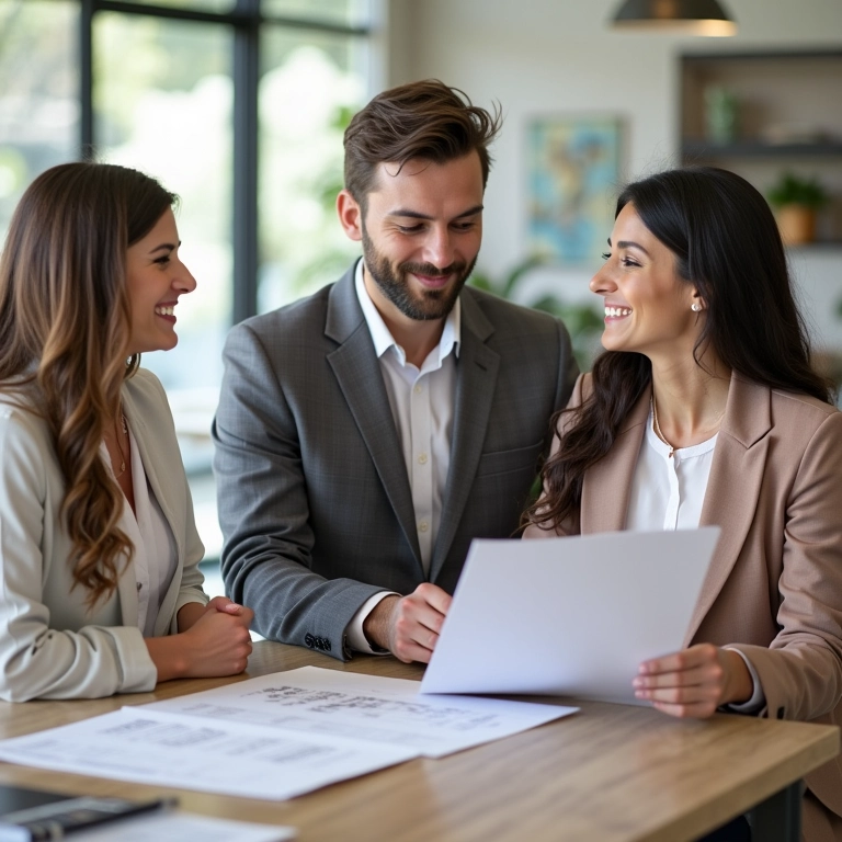 Casal feliz planejando casamento com assessora em escritório moderno.