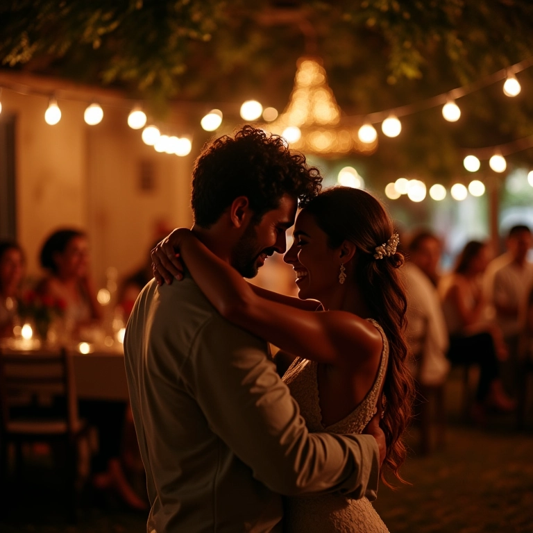 Casal feliz se abraçando em casamento aconchegante em pousada rústica brasileira.