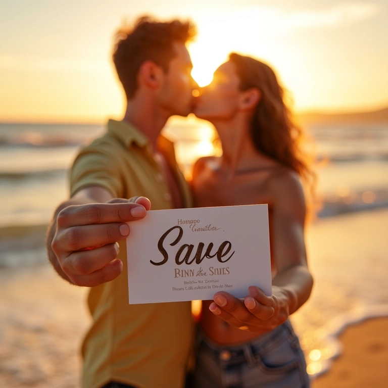 Casal feliz segurando 'Save the Date' na praia.