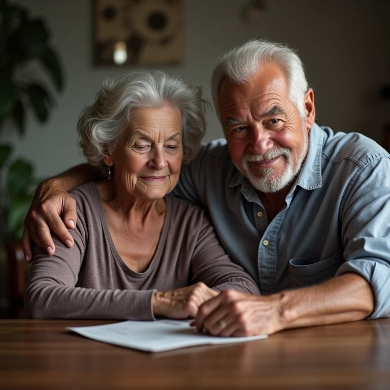 Casal idoso em ambiente doméstico, representando a comunhão universal de bens e a história da família.