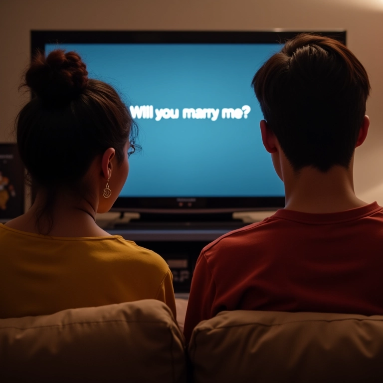 Casal jogando videogame com pedido de casamento na tela.