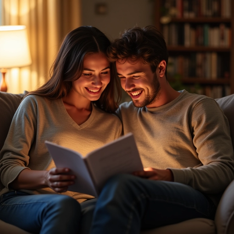 Casal lendo cartas da caixa de memórias no sofá.