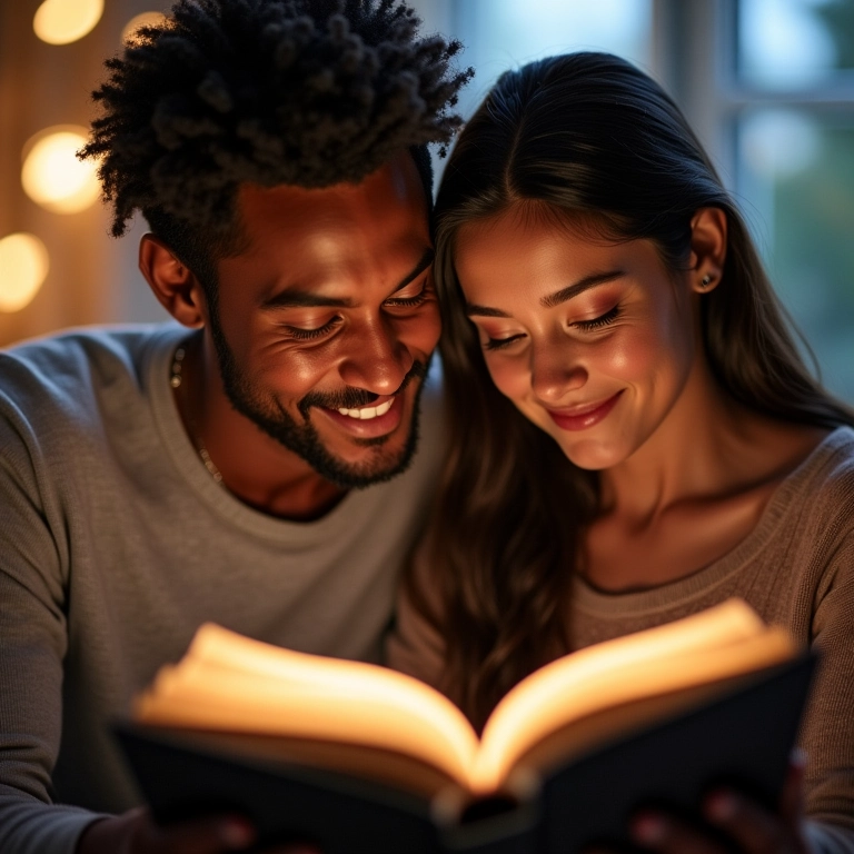 Casal lendo livro personalizado com história do casal, pedido de casamento.