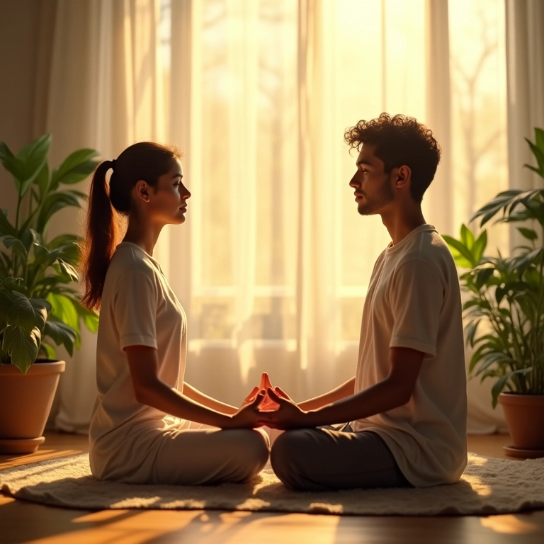 Casal meditando junto em sala ensolarada, cuidando do bem-estar emocional.