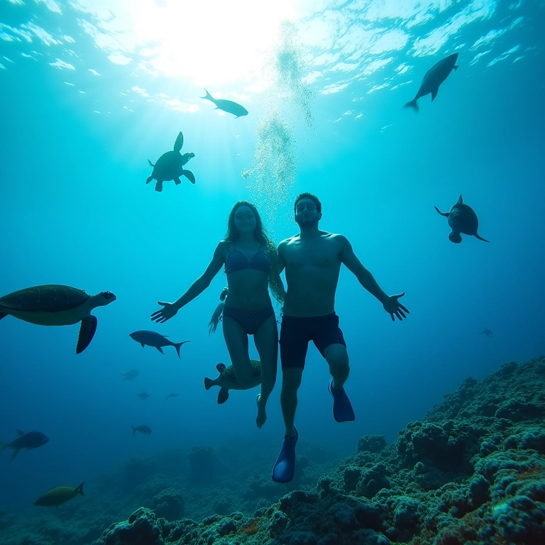 Casal mergulhando em Fernando de Noronha com peixes e tartarugas.