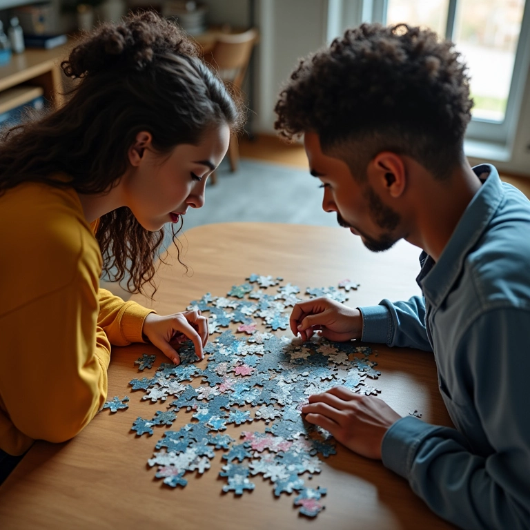 Casal montando quebra-cabeça personalizado com pedido de casamento.