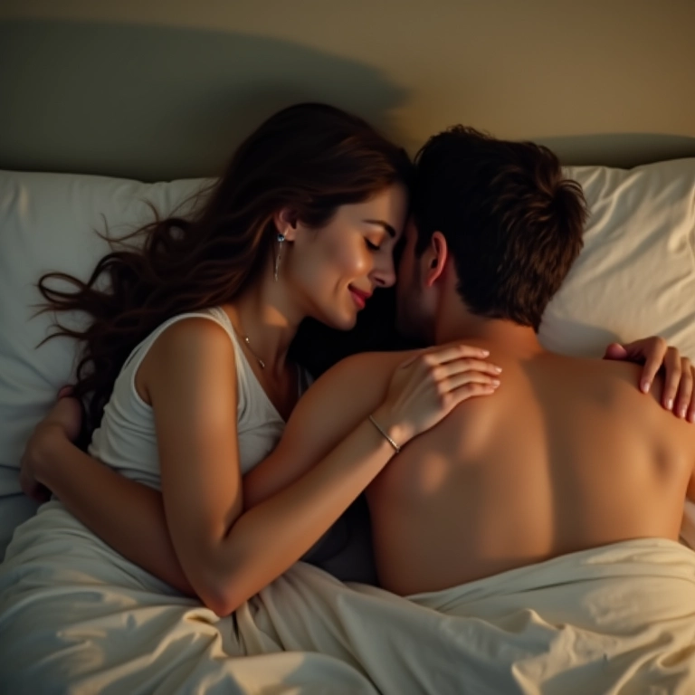 Casal na cama, a mulher acariciando as costas do homem, com o bebê dormindo no berço ao lado.