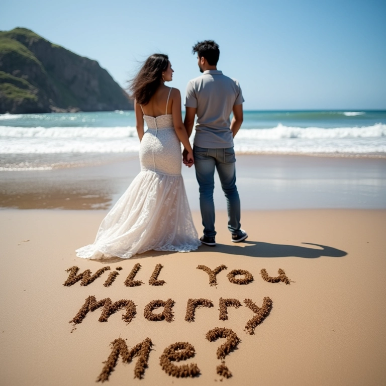 Casal na praia em Fernando de Noronha, mensagem de pedido de casamento na areia.