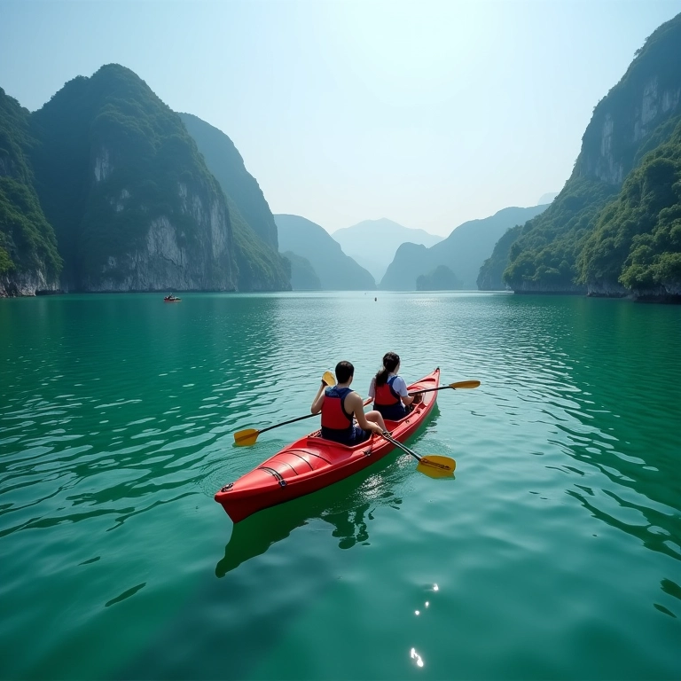 Casal navegando de caiaque na Baía de Ha Long, paisagem deslumbrante.
