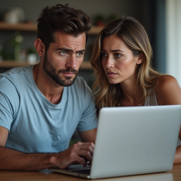 Casal olhando para um laptop com uma página de FAQ sobre lua de mel no Caribe.