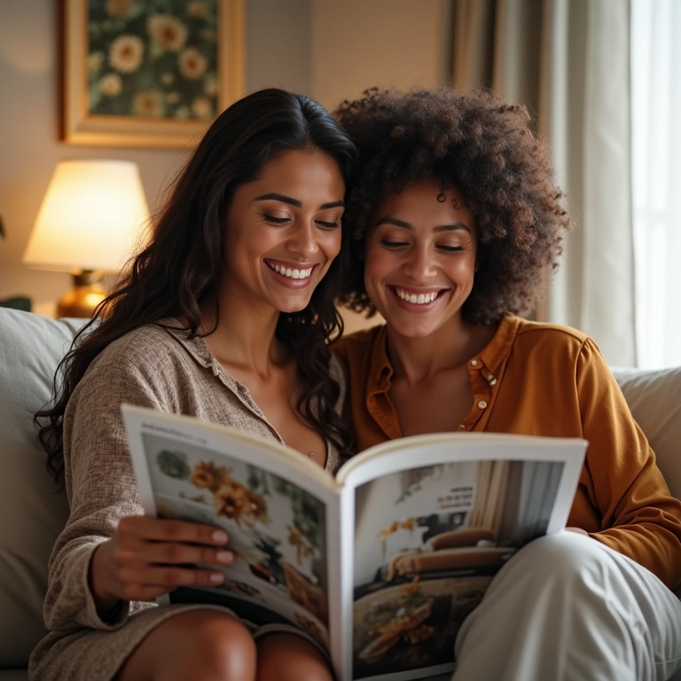 Casal olhando referências de decoração de casamento.