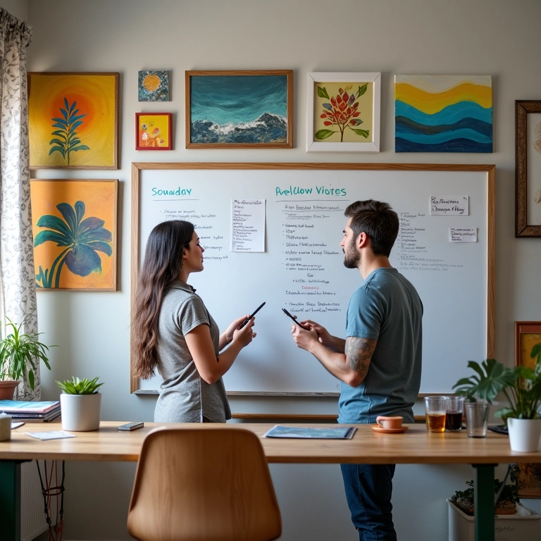 Casal organizando rotina em escritório colorido com obras de arte.