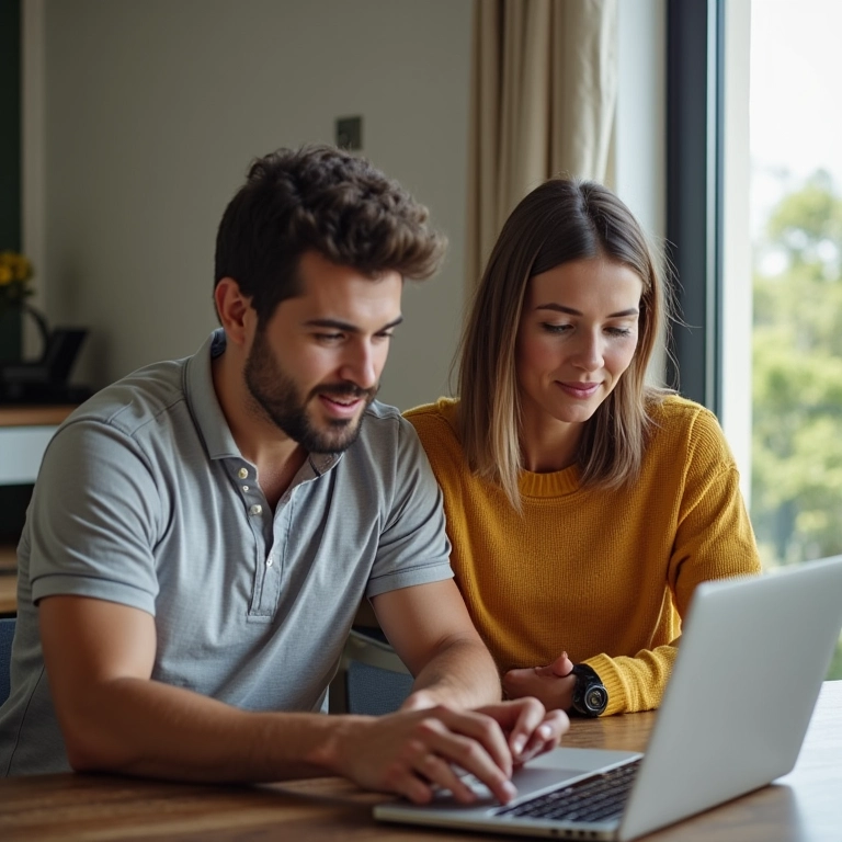 Casal pesquisa confiabilidade de fornecedores de casamento online.