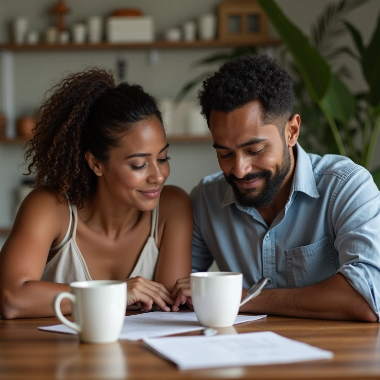 Casal planejando casamento civil com documentos e café