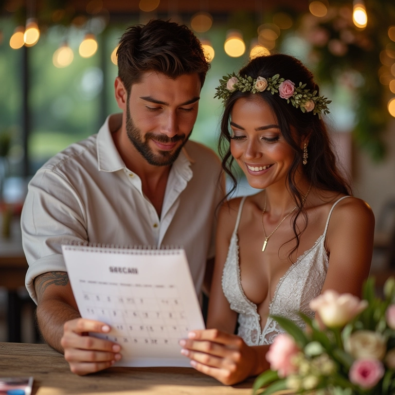Casal planejando casamento marcando data no calendário.