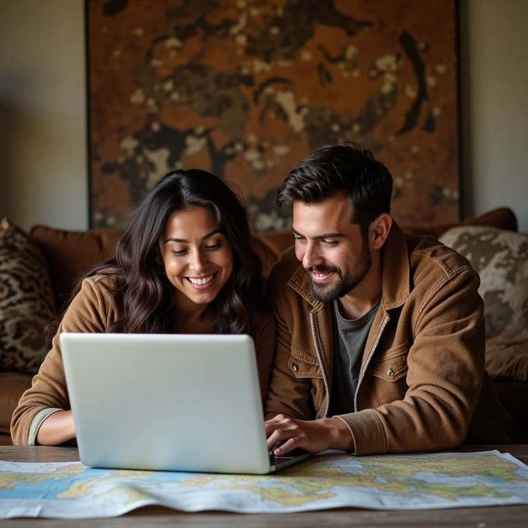 Casal planejando lua de mel com safári em casa.