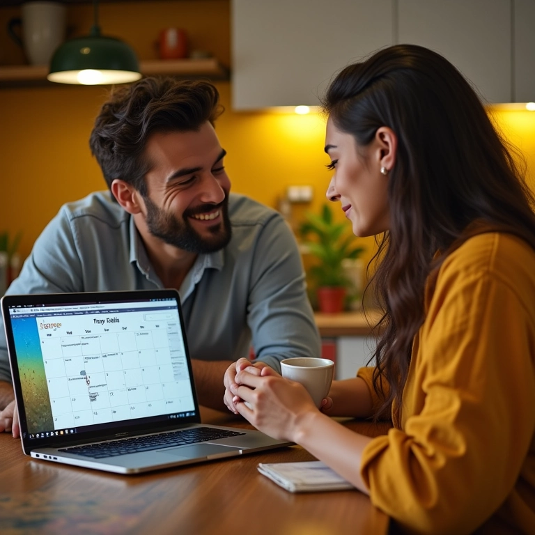 Casal planejando metas e objetivos em conjunto na cozinha com decoração brasileira.
