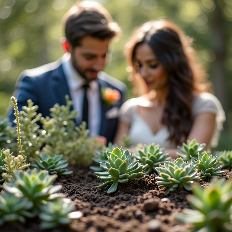 Casal plantando suculentas após o casamento.