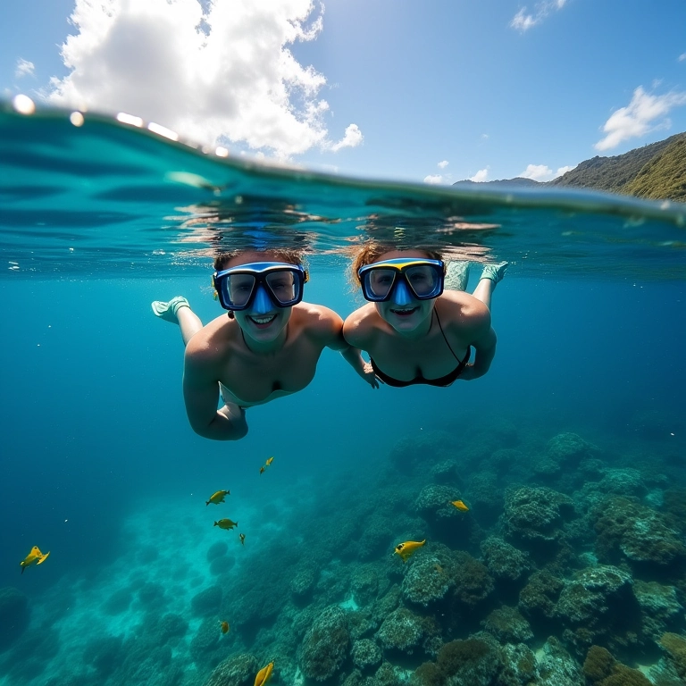 Casal praticando snorkel nas águas cristalinas de Fernando de Noronha.