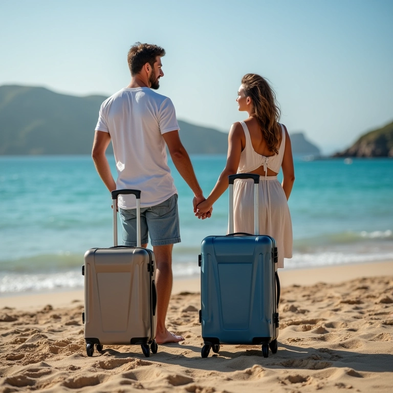 Casal preparando as malas para a lua de mel na Oceania, ansiosos pela viagem.