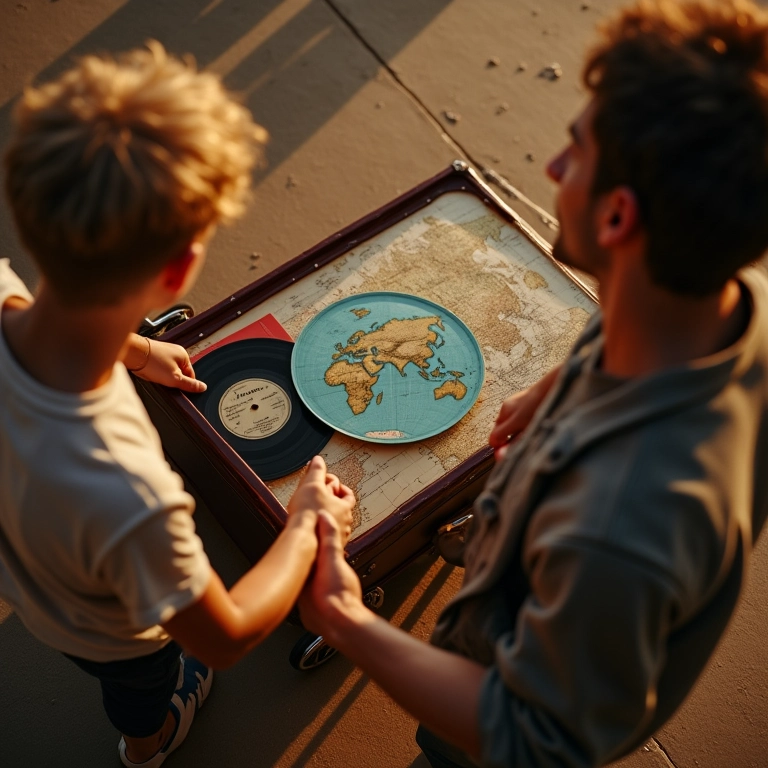 Casal preparando mala de viagem com disco de vinil e mapa, prontos para a aventura.