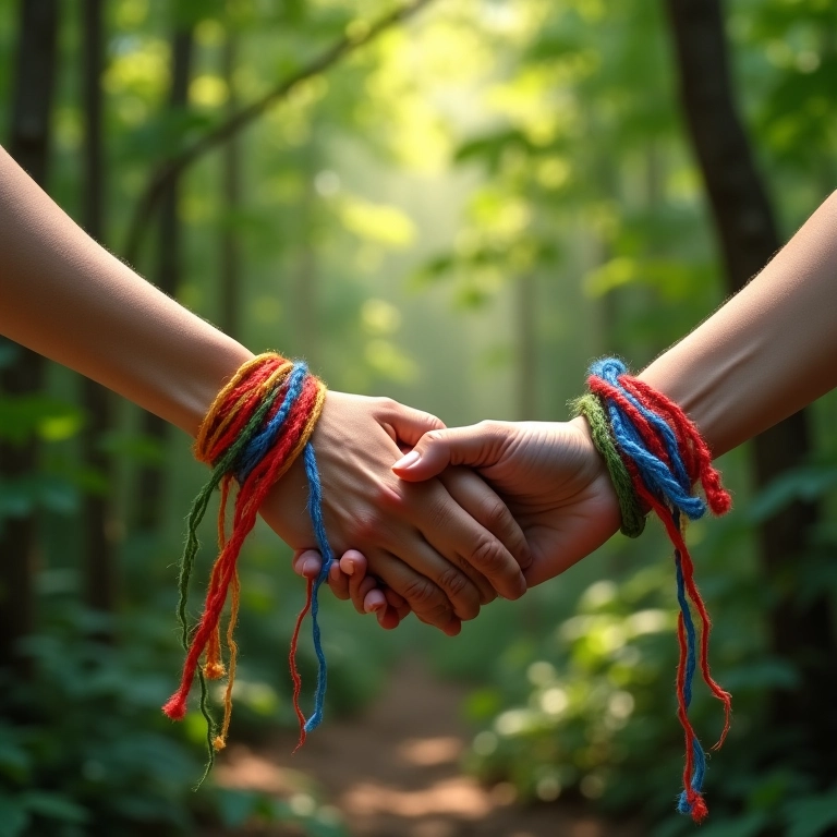 Casal realizando handfasting em meio à natureza exuberante com fitas coloridas.