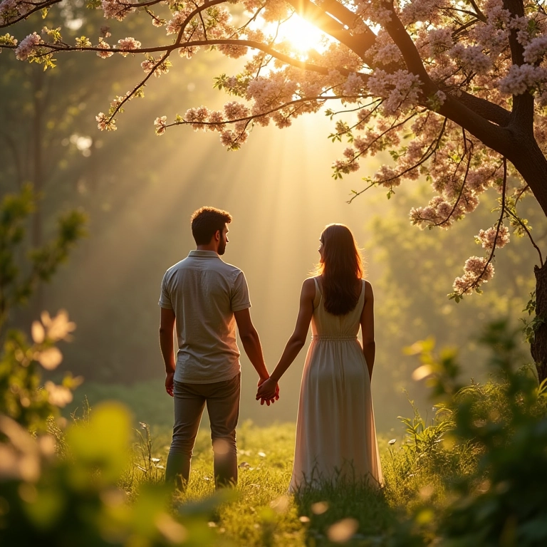 Casal refletindo sobre filhos em jardim ensolarado, representando o futuro da família.
