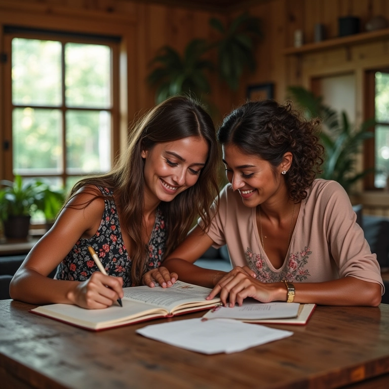 Casal registrando memórias da lua de mel em diário de viagem.