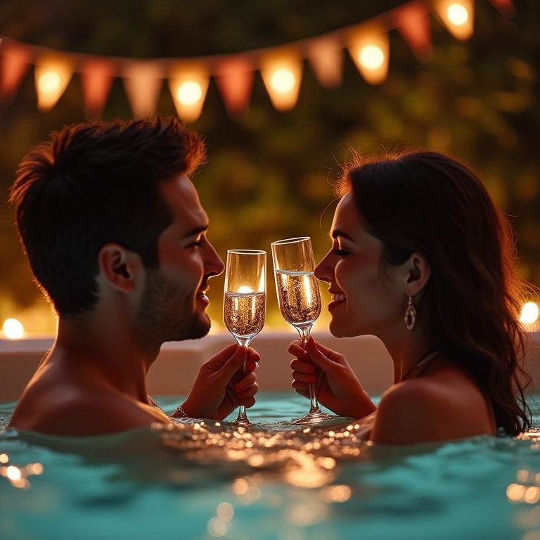 Casal relaxando em jacuzzi com champanhe.