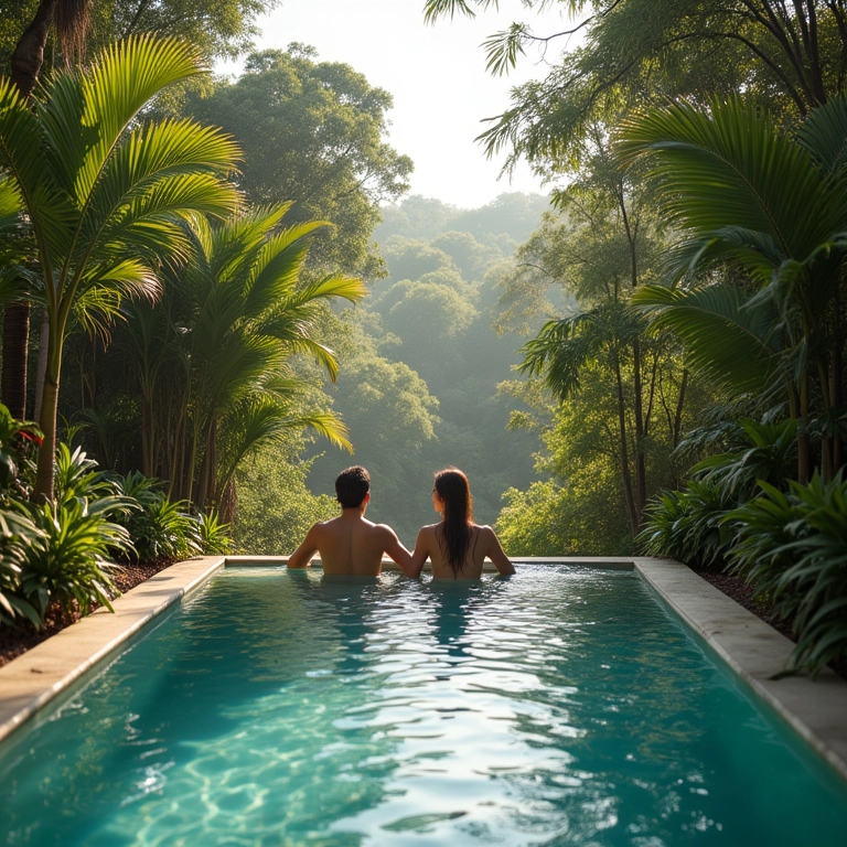 Casal relaxando em piscina termal de resort de luxo na Bahia durante a lua de mel.