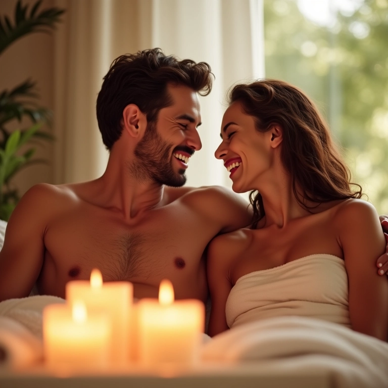 Casal relaxando em um spa, sorrindo e aproveitando o momento.