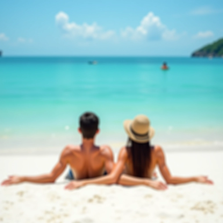 Casal relaxando na praia de Nha Trang, areia branca e água turquesa.